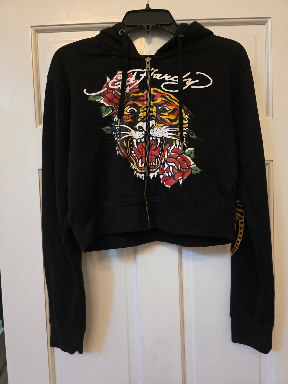 Ed Hardy Black Zip Hoodie with Tiger & Rose Graphic, Size Medium